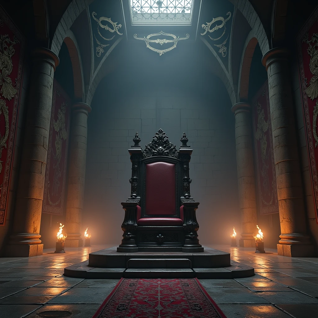 (photorealism:1.2), empty throne, big room, medieval style, dark surroundings