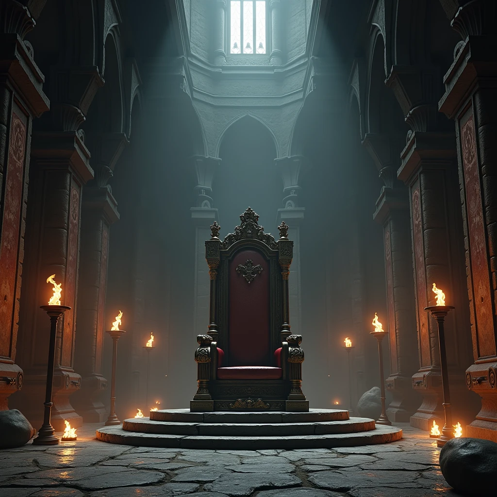  (photorealism:1.2), empty throne, big room, medieval style, dark surroundings