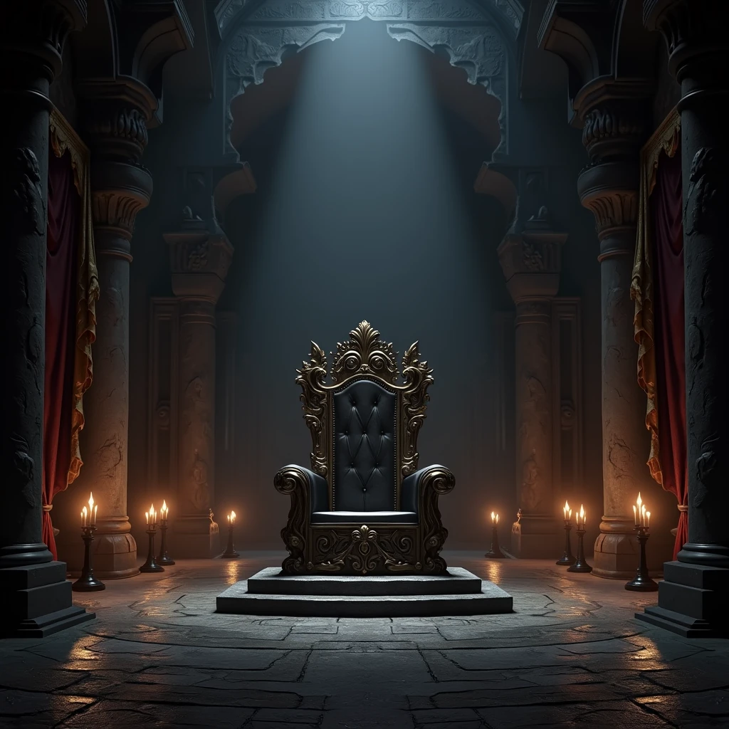  (photorealism:1.2), empty throne, big room, medieval style, dark surroundings