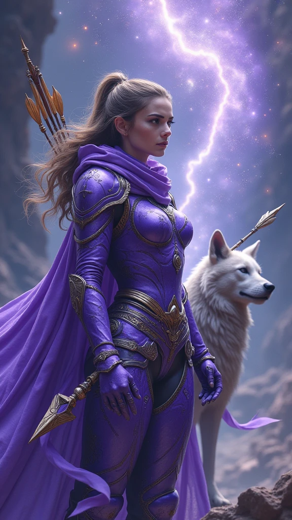 ((Violet lady Warrior suit with arrow of fairy of stars)) , together with his spirit animal , high quality, (RAW photo, best quality), (realistic, photorealistic: 1.4), (extremely delicate and beautiful: 1.4), amazing, fine details, masterpiece, ultra detailed, high resolution, best illustration, best shadow, intricate, ( extremely intricate: 1.2), (exquisitely detailed skin), cinematic light, perfect anatomy, (cool color: 1.4), sharp focus, 8k UHD, DSLR, (Fujifilm XT3),(estilo cinematográfico :1.4), (efectos cinematográfico :1.4), (colores cinematográfico), Epic Fantasy Art Style HD, 4K fantasy art, epic fantasy digital art style, epic fantasy art style, Fantasy Woman, epic fantasy art portrait, Epic fantasy style, hyperrealistic fantasy art, hd fantasy art, Epic fantasy character art, epic fantasy art, in style of dark fantasy art, epic fantasy digital art