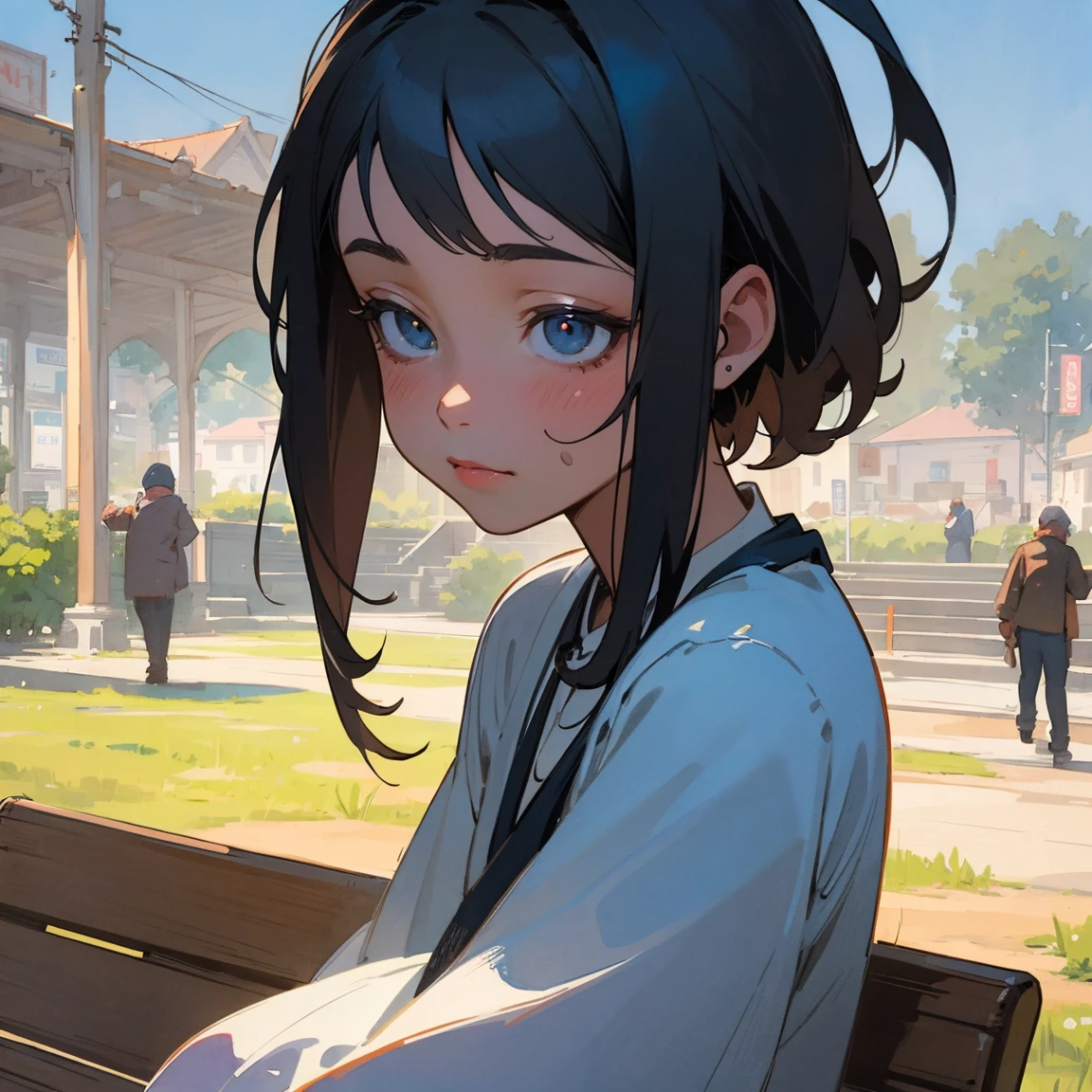 Illustrations for children's picture books,realistic, detailed illustration,A poignant scene in a bustling town park. In the foreground, a young girl named Aya sits alone on a wooden bench, 1 girl, , her head bowed and expression somber. Her body language suggests sadness and isolation. In stark contrast, the background is filled with happy, animated people enjoying the park, creating a visual juxtaposition between Aya's melancholy and the surrounding joy, hand-painted style, digital art touch,(illustration:1.5), (Watercolor:1,2)
