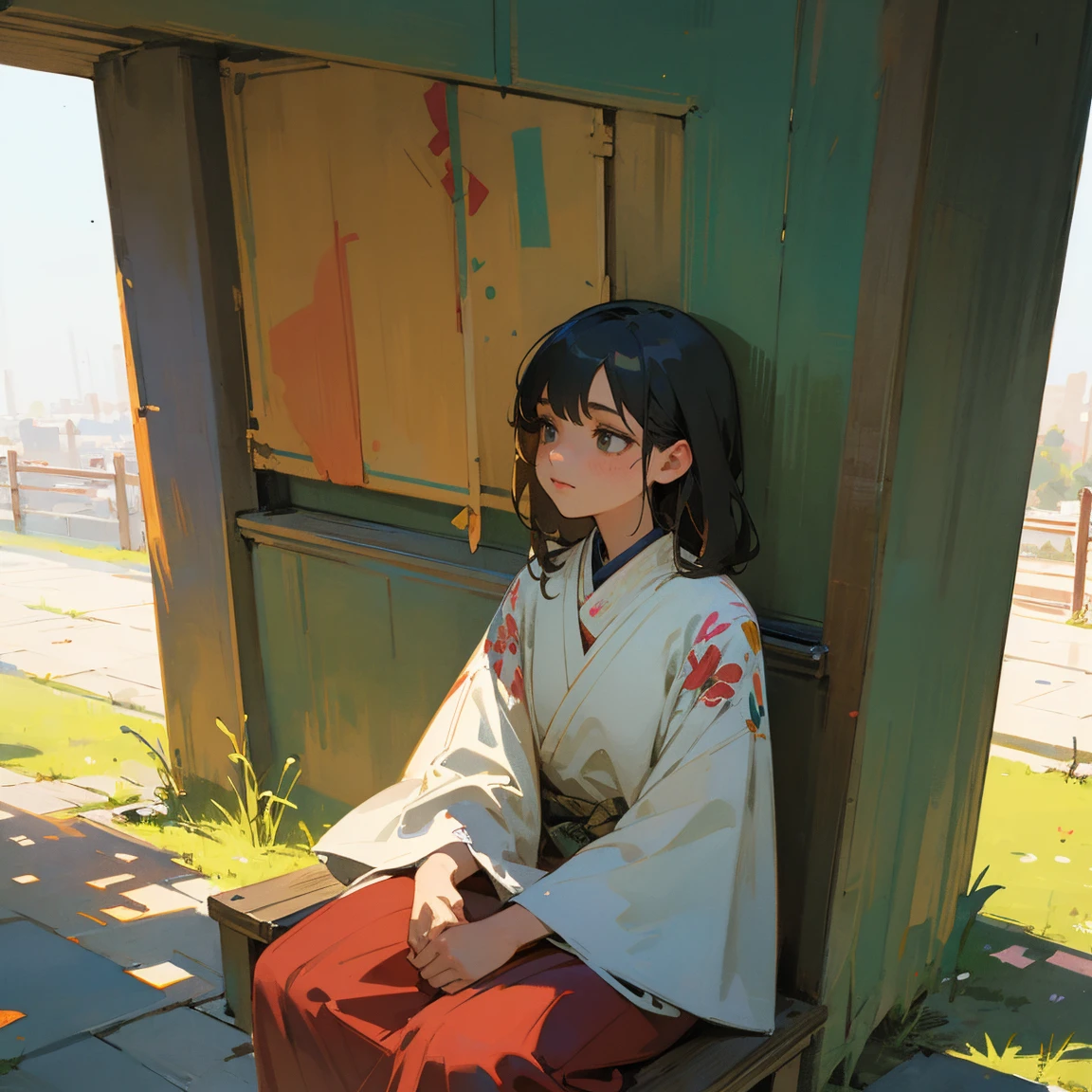 Illustrations for children's picture books,realistic, detailed illustration,A poignant scene in a bustling town park. In the foreground, a young girl named Aya sits alone on a wooden bench, 1 girl, , her head bowed and expression somber. Her body language suggests sadness and isolation. In stark contrast, the background is filled with happy, animated people enjoying the park, creating a visual juxtaposition between Aya's melancholy and the surrounding joy, hand-painted style, digital art touch,(illustration:1.5), (Watercolor:1,2)