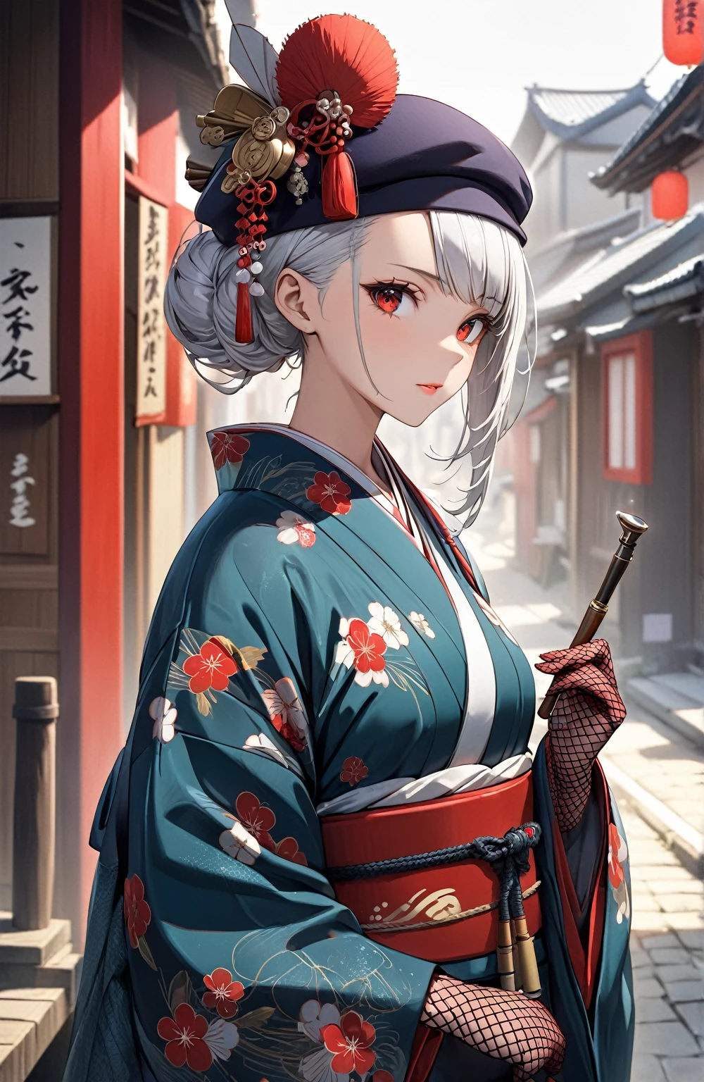 Ultra high resolution, rich colors, perfect image, top quality, detailed image, beautiful woman, glowing skin, skin and clothing texture, delicate eyes, Showa era town, kimono, Japanese clothing, haori, toque hat, (((no hair accessory))), fishnet gloves, tobacco pipe, long silver hair, red eyes