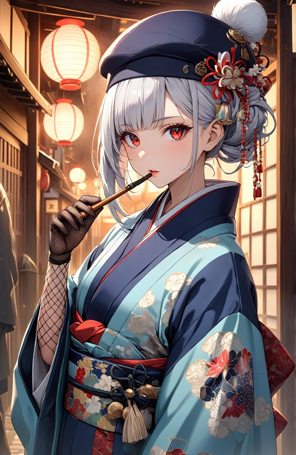 Ultra high resolution, rich colors, perfect image, top quality, detailed image, beautiful woman, glowing skin, skin and clothing texture, delicate eyes, Showa era town, kimono, Japanese clothing, haori, toque hat, (((no hair accessory))), fishnet gloves, tobacco pipe, long silver hair, red eyes