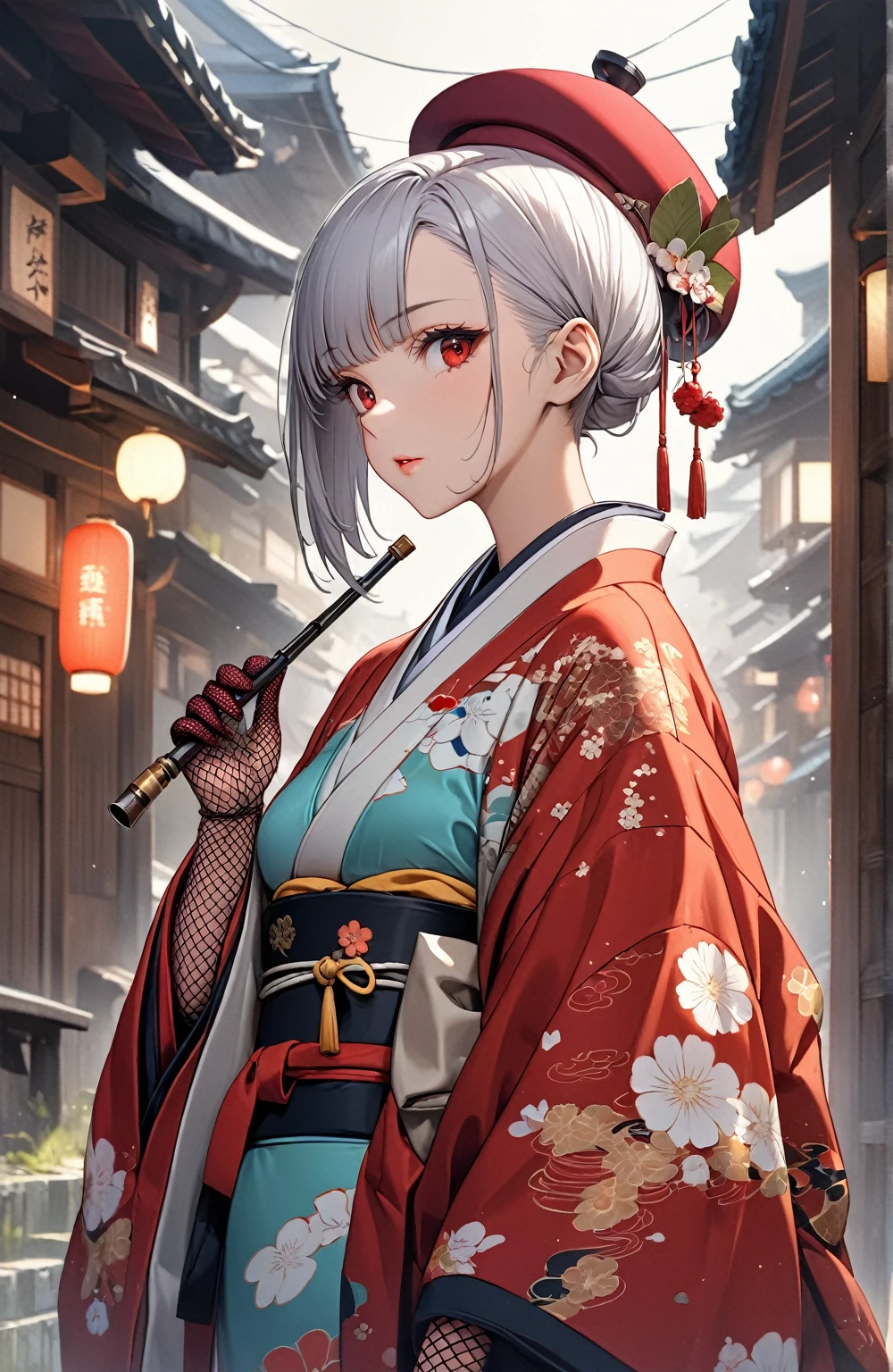 Ultra high resolution, rich colors, perfect image, top quality, detailed image, beautiful woman, glowing skin, skin and clothing texture, delicate eyes, Showa era town, kimono, Japanese clothing, haori, toque hat, (((no hair accessory))), fishnet gloves, tobacco pipe, long silver hair, red eyes