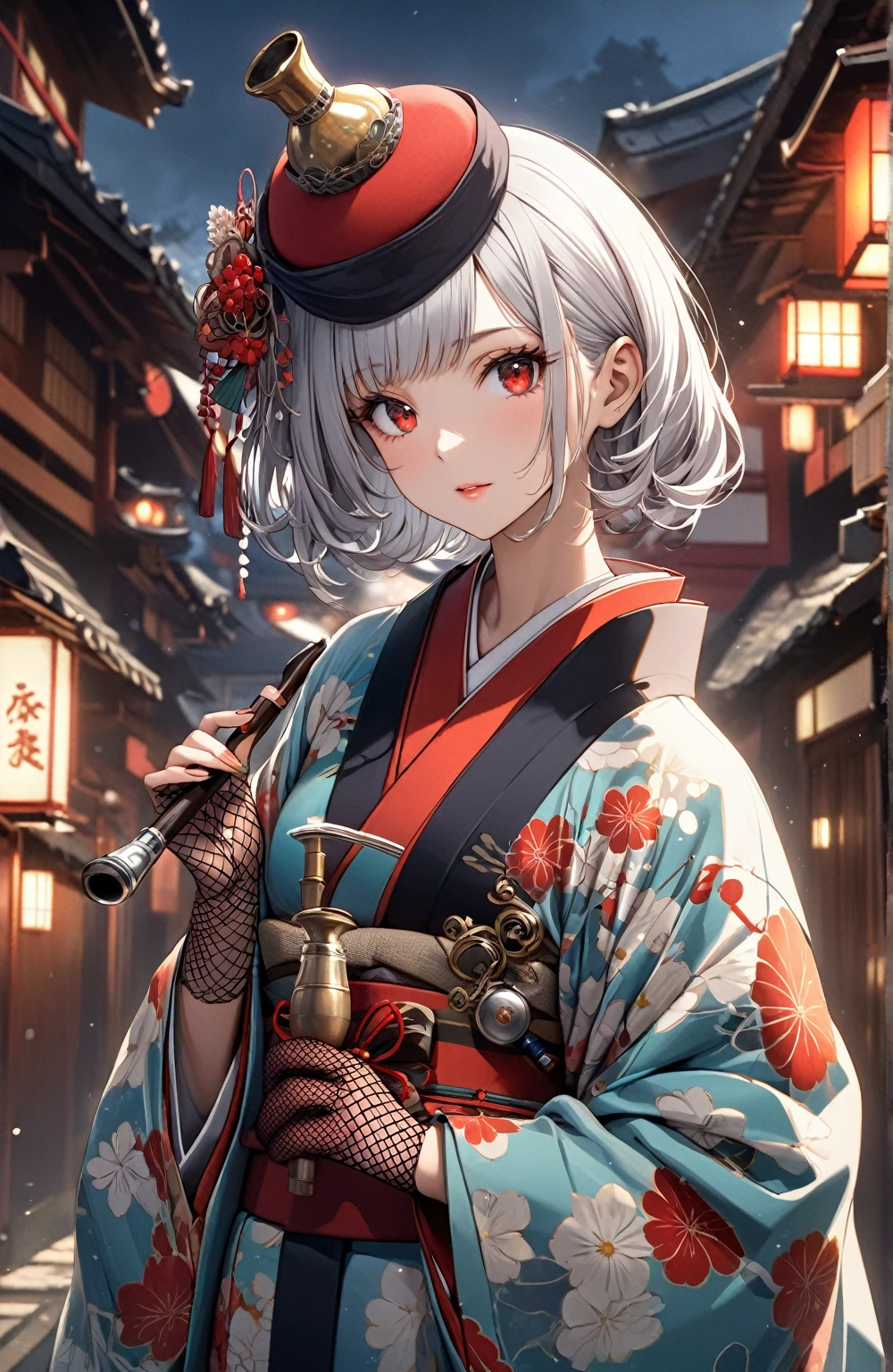 Ultra high resolution, rich colors, perfect image, top quality, detailed image, beautiful woman, glowing skin, skin and clothing texture, delicate eyes, Showa era town, kimono, Japanese clothing, haori, toque hat, (((no hair accessory))), fishnet gloves, tobacco pipe, long silver hair, red eyes