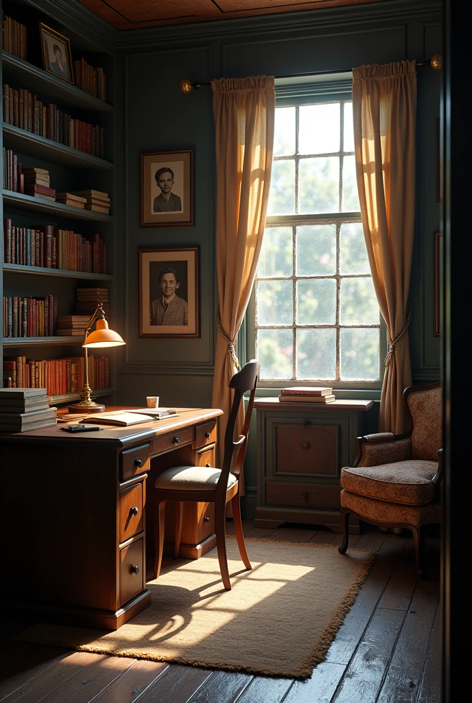 Design the room of the manager of the old orphanage for me, with all the necessary equipment, including a reading lamp, an old window, a table and a chair, a small library and photos on the wall, an old curtain and an old window.