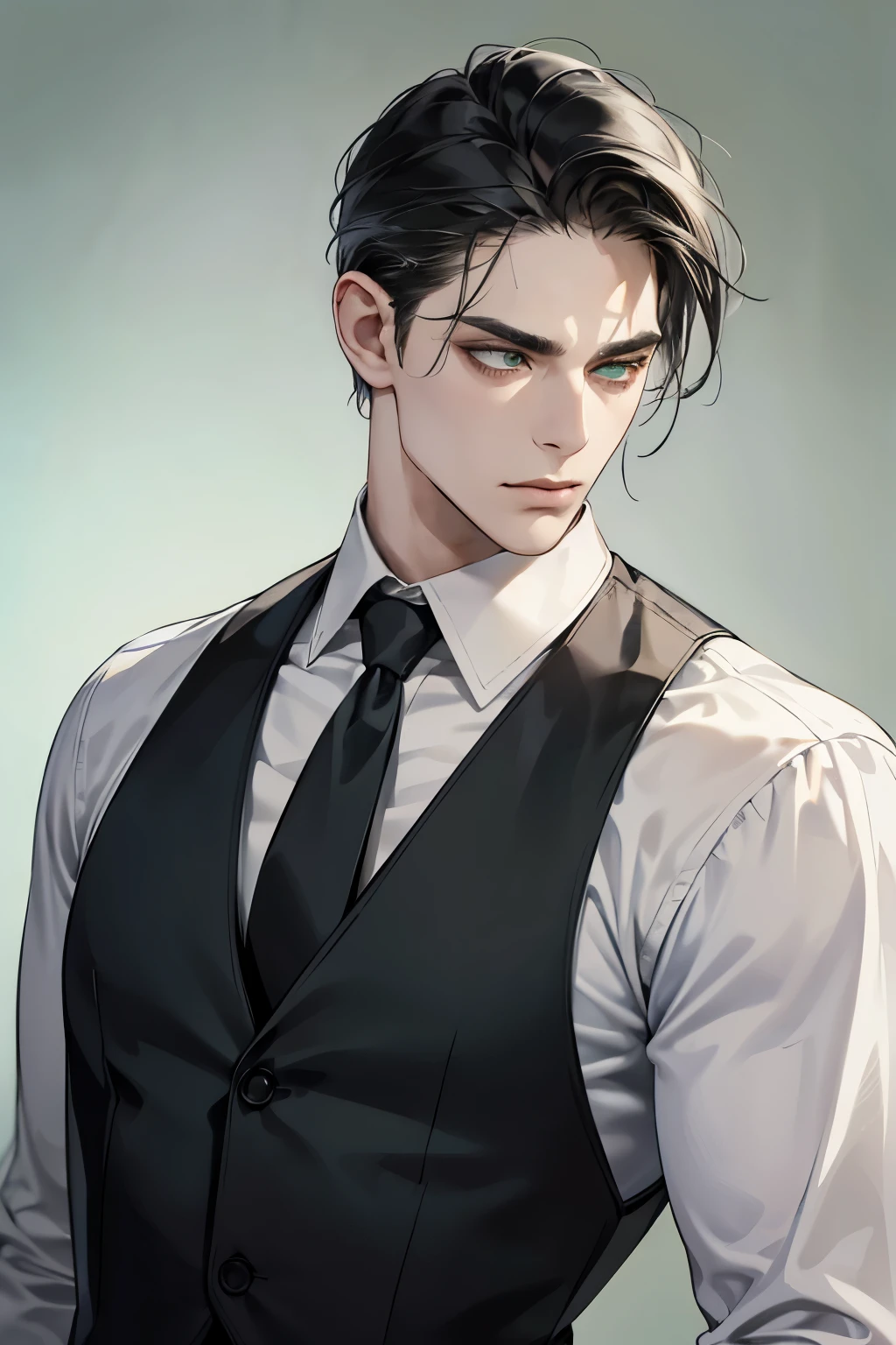 masterpiece, best quality, realistic, man, mature male, a masculine professor, buff physique, male, short hair, green eyes, serious, closed mouth, extremely detailed face, austere, ((slicked back black hair)), ((black vest and white shirt)), accurate, detailed, (8k, HD, best quality, intricate details, dark colors, masterpiece: 1.2), slicked back hair, green eyes, staring away, neutral background, simple clothes, modern, portrait upper body shot, meursault_(limbus_company)