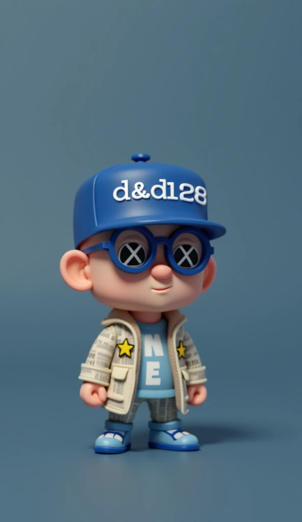 A unique toy character with a pixel art style. The character wears a hat with the text 'D&D198' displayed prominently on the front panel, in a stylish font. The character also has glasses, with one lens showing 'Xand the other x ensuring the text is legible. The character is dressed in modern streetwear, detailed with newspaper and magazine elements instead of regular patterns, and vibrant colors. The background is colorful, making the character look stylish and futuristic. The image should have a high-quality, C4D-style render
