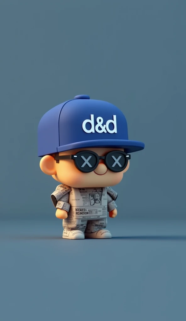 A unique toy character with a pixel art style. The character wears a hat with the text 'D&D198' displayed prominently on the front panel, in a stylish font. The character also has glasses, with one lens showing 'Xand the other x ensuring the text is legible. The character is dressed in modern streetwear, detailed with newspaper and magazine elements instead of regular patterns, and vibrant colors. The background is colorful, making the character look stylish and futuristic. The image should have a high-quality, C4D-style render