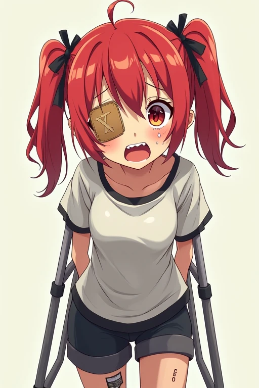 a girl with red hair,busty,ponytails,crying with flowing tears,have medical eyepatch on right eye,have large brown bandaid on left cheek,have casts on left leg,have crutches,have sharp teeth,anime style