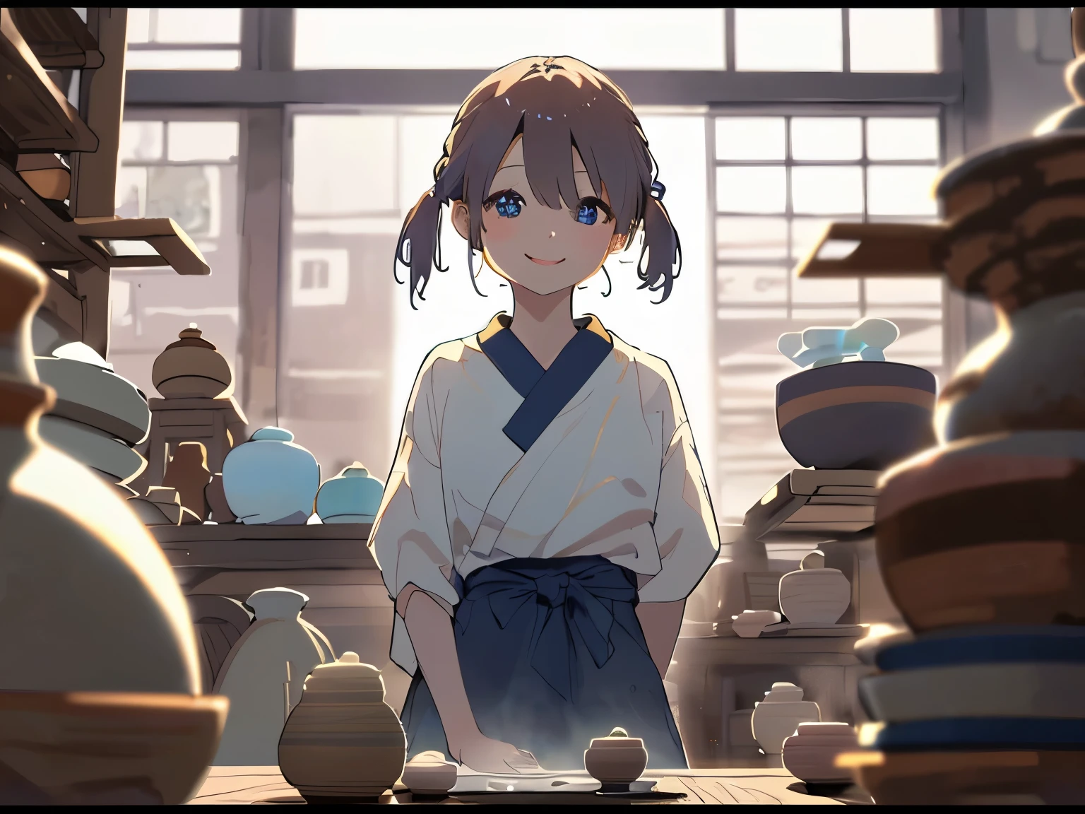 best quality, masterpiece, (Transparent ceramics at the forefront of the screen:1.3)、(The woman making pottery in the foreground is blurred and smiling in the background.:1.3)、(Sitting and working)、(Hair tied back)、(White highlight in pupil:1.2)、(Dark blue eyes)、(Wooden pottery room)、(Beautifully blurred background makes women stand out:1.3)、(A woman is bathed in soft light:1.3)