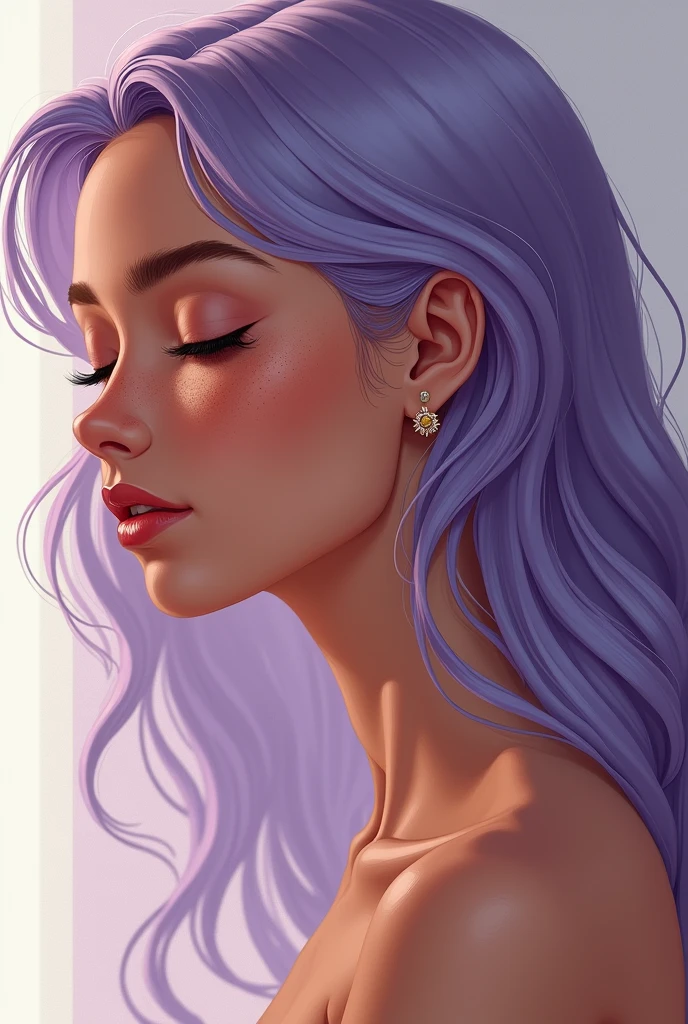   Imagine a highly detailed and realistic photo-quality illustration of a woman in profile, brown skin, with the head slightly tilted downwards. Neck forward, Her skin has a warm, pale tone., with freckles spread across her cheeks and nose. The hair is a violet tone, with subtle reflections that capture the light naturally, falling gently on his shoulders. Her lips are a soft pink color, complementing the warm tone of your skin. The eyes, although closed, They project serenity and peace.. bare s