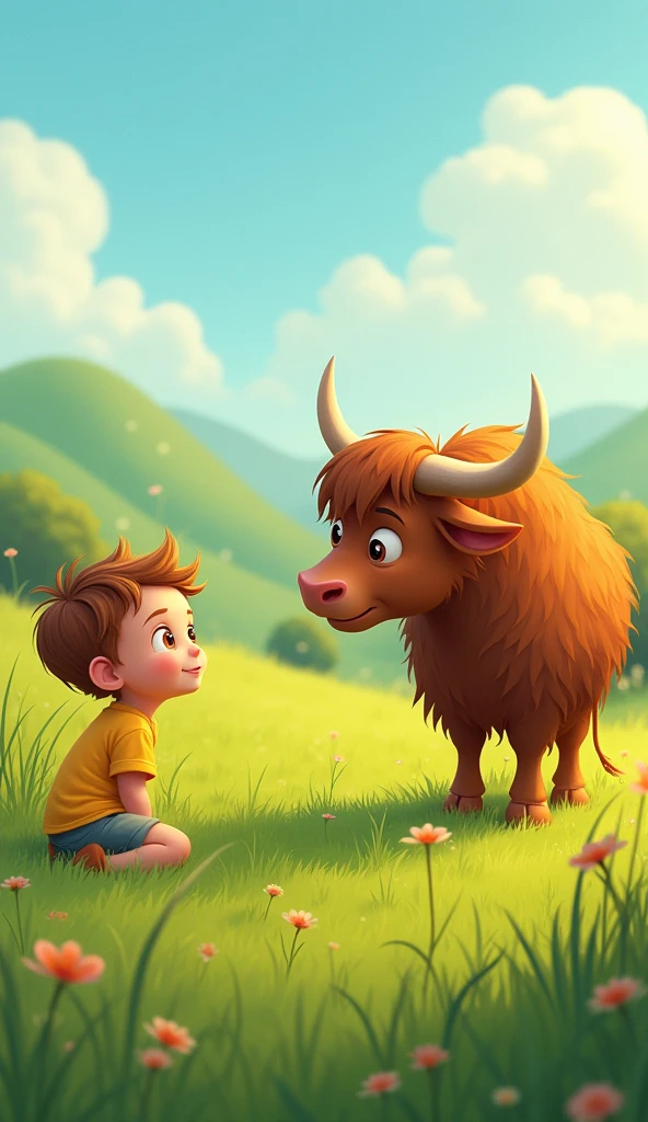 In a green grass a little from is looking at the ox
Show as cartoons