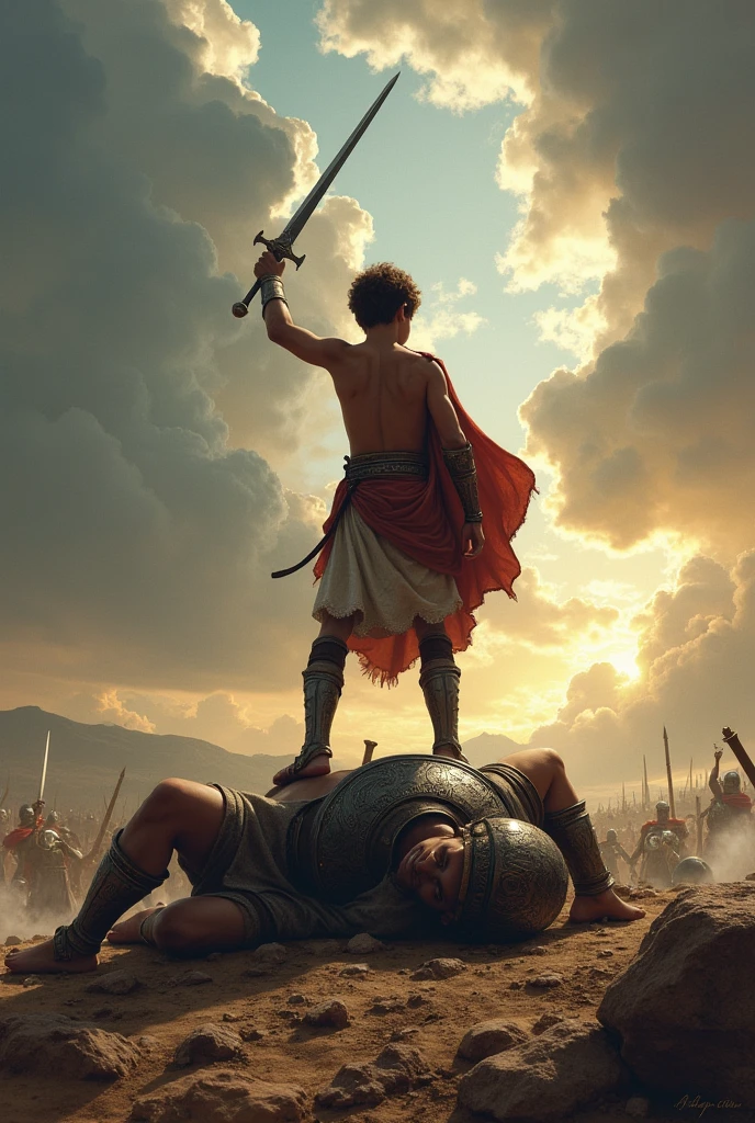 David with the sword in his hand on top of Goliath to cut off his head