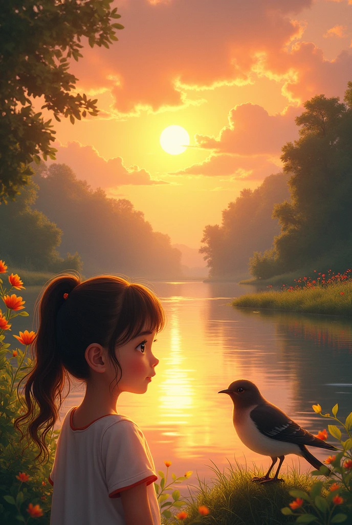 A beautiful image of river side with sunset scene and bulbul bird and a girl loving it
