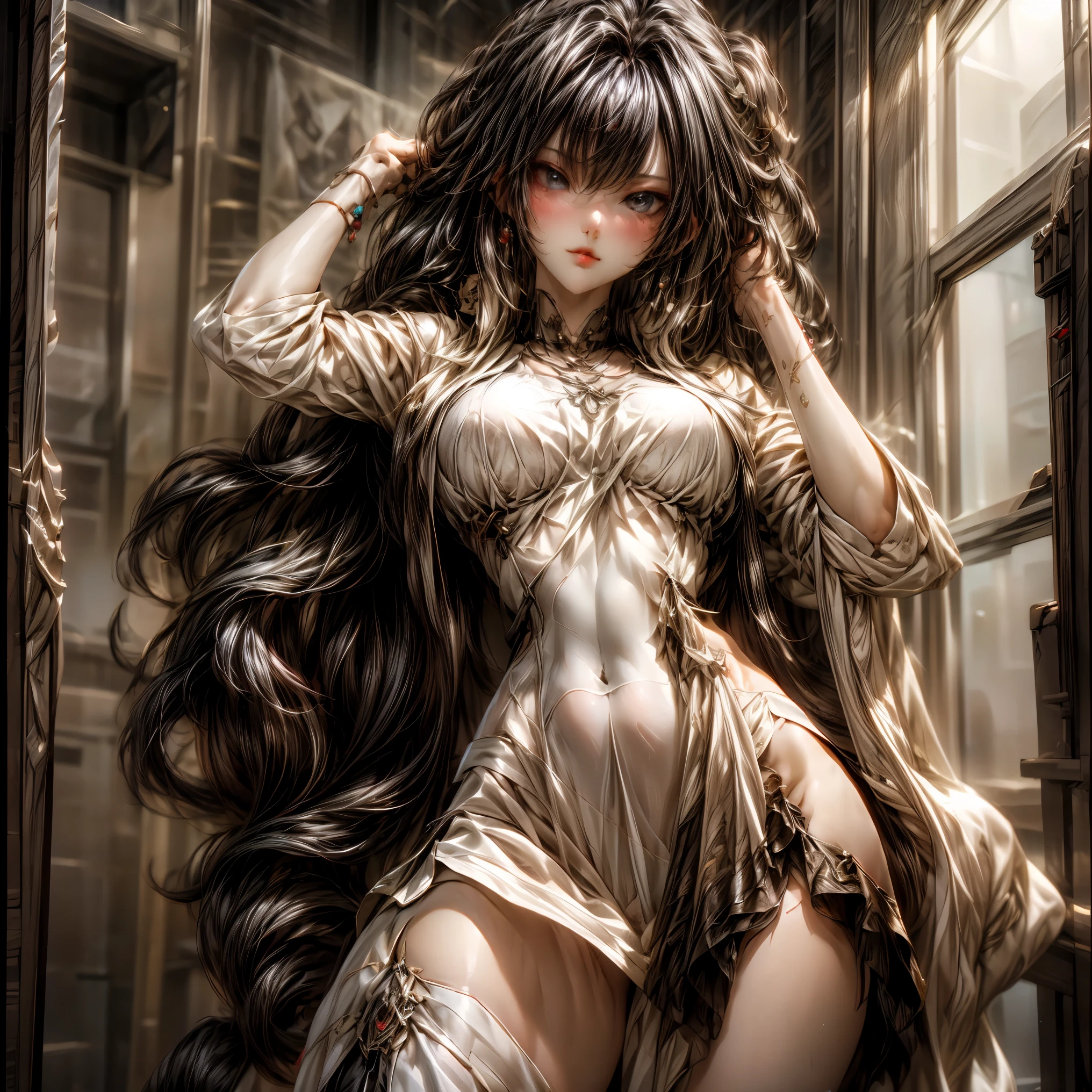 (best quality)), ((Masterpiece)), (details:1.4), 3d, HDR (high dynamic range), an image of a beautiful cyberpunk female, fantasy, medieval, Cyberpunk, Sleek style, black hair, Curtain Bangs, hips up, Beautiful White eyes, จมูกโด่ง, ปากแดง, หน้าอกใหญ่, nvidia RTX, PBR surface, After processing, Anisotropic filtration,depth of field, Maximum clarity and clarity, multi-layered surface, Subsurface scattering, perfect proportions, 8K raw files, ultra detailed, Perfect proportions, volumetric lighting, soft lighting, Holy Paldin, Heavy Golden Armor, White dress, intricate Silver embroidery, glossy skin, Bed room Background, jewely, ต่างหู, mini white skirt, glove, long-sleeved jacket,