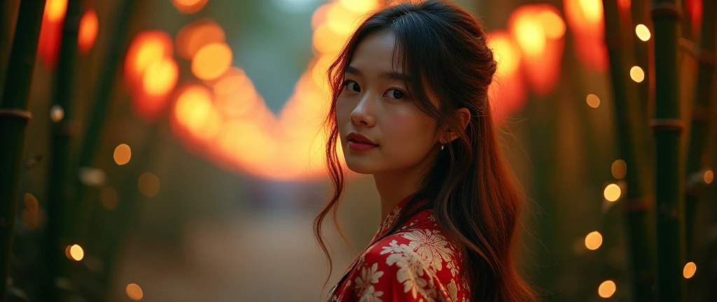 detailed detailed beautiful young woman wearing summer kimono, long brown hair, detailed face, big bright eyes, long eyelashes, detailed nose and lips, slight smile, standing in moonlit bamboo forest, fireflies glowing in the air, summer festival lights in the background, clogs on her feet, (best quality,4k,8k,highres,masterpiece:1.2),ultra-detailed,(realistic,photorealistic,photo-realistic:1.37),detailed intricate pattern on kimono, warm lighting, vibrant colors, cinematic composition