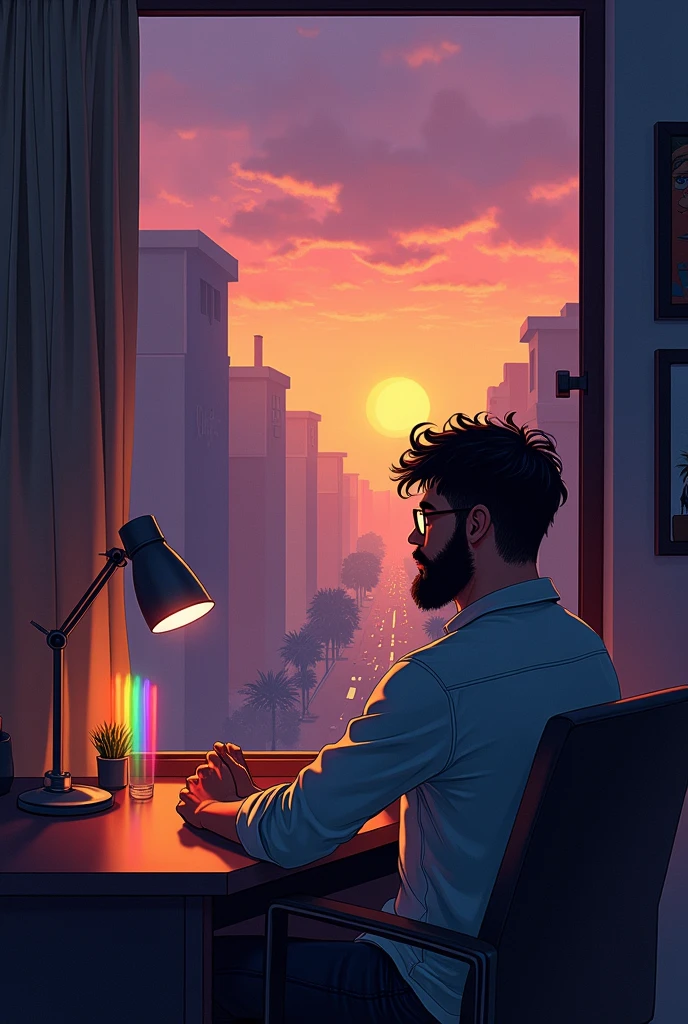 Thers is a bearded Adult boy wearing a shirt sitting on a chair beside window, he live at the 5th floor of his building. There is a desk and a table beside the window,the boy folds his hands on the table, some books and a little lamp are here on the table,,It is the last moment of today's Afternoon, there is cloudy purple sky. The sun is about to set. There is a prism on the table. the orange light of the sun goes through the prism and goes out from the prism with rainbow colour,
The boy wearing a glass, Sunlight reflects his glass. The sunlight is also reflects his desk and table he is seeing outside the window, there are seen some buildings outside the window and some young boys are playing.
The boy also seeing a road which has some lampposts with sodium-vapor light.