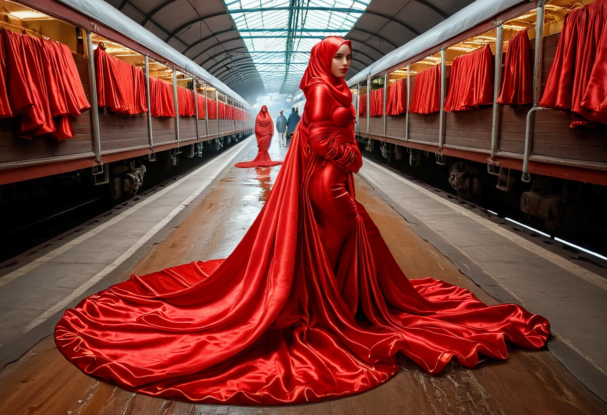A woman shrouded in a 9-meter-long, plush red satin cloth, tightly bound and grandly draping along the form of her body, flowing off into a pooled floor-length train, styled in a mermaid-inspired outfit with ballon sleeve, her head modestly veiled in a satin hijab, tall woman, walk in wet traditional market, a full-body pose conveying a sense of elegance, captured in a 4k resolution, ultra-realistic