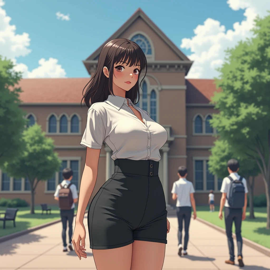 a big breast girl in front of school watching boys