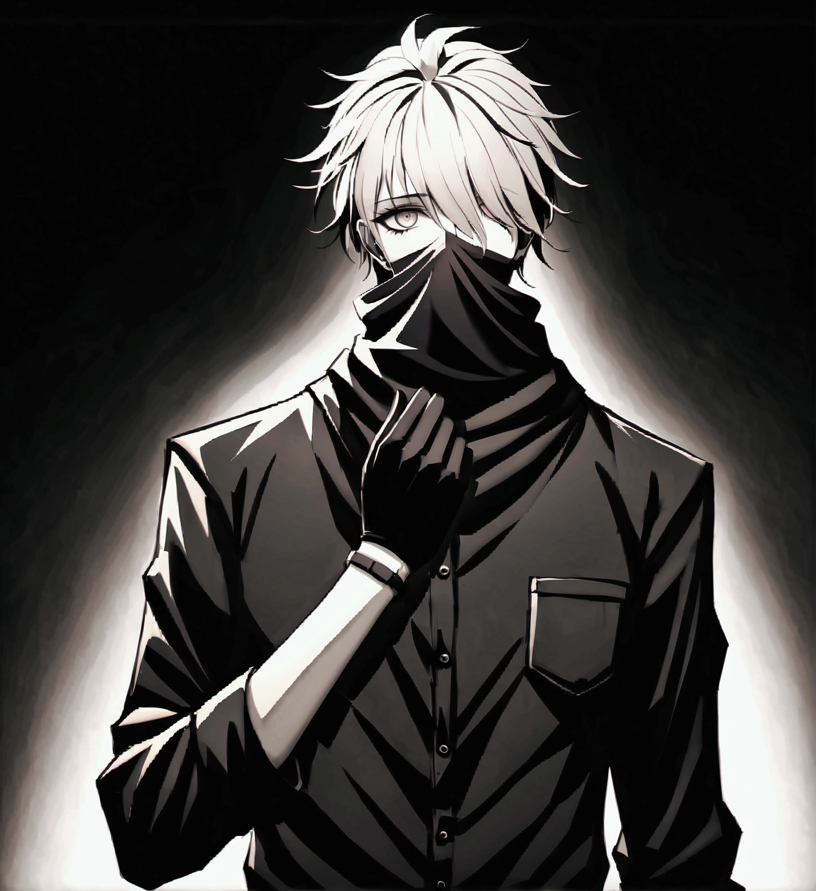 Anime male, white hair, hair style being similar to kirei kotomine, half white comedy mask on the right half of the face, black scarf, black unbuttoned priest dressing shirt, black shirt, silver cross, black gloves with fluffy cotton within the end of the wrist, mysterious, devoted, deviant and inhumane personality, face completely black and shadowed, eyes covered by darkness, nose covered by darkness, mouth covered by an black scarf, chin covered by the black scarf, mysterious, high effort, high quality, dark atmosphere, long sleeve, no skin revealed, monochromatic, black scarf, eyes replaced with pure darkness, not completely insane but not completely sane, godlike, no signs of skin traced behind, 