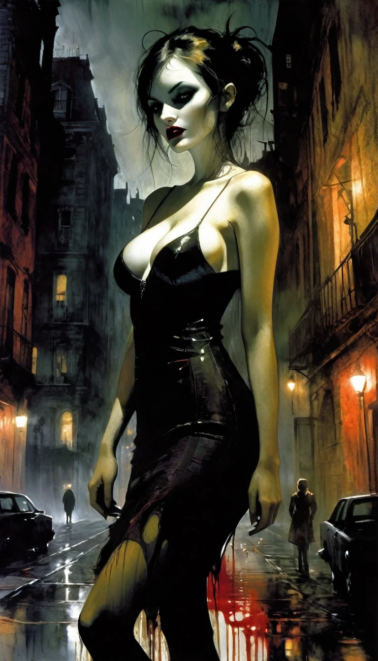 sexy vampire girl in the city of blood, gloomy buildings, blood canals, eroticism, sexy, black and white image, between shadows, oil painting, chiaroscuro, sensual, dramatic lighting, moody atmosphere, photorealistic, intricate details, masterpiece, ultra-detailed, high quality, 8k, best quality, realistic, cinematic, dark and brooding, expressionistic, powerful composition, emotional impact, art inspired by Bill Sienkiewicz and Dave McKean