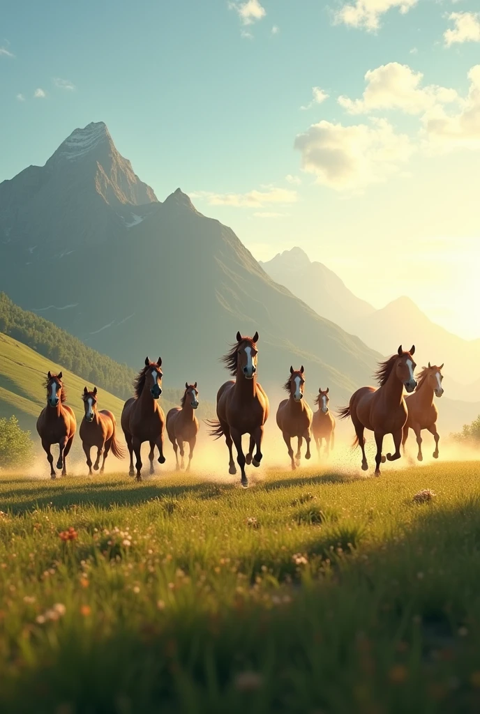 Sun lite and 7 waite horse's is running beutiful begraund