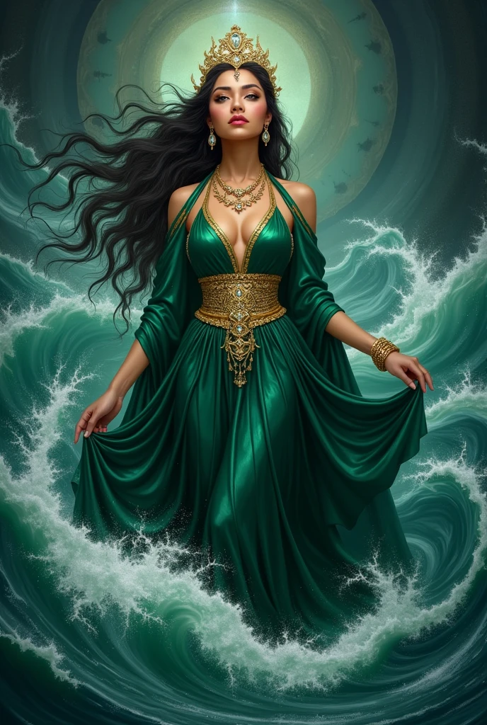 painting art of Kanjeng Ratu Kidul in a green dress with a gold belt, South Beach Queen, portrait of a beautiful goddess, goddess of Southeast Asia, goddess of love and peace, beautiful goddess, a stunning portrait of a goddess, painting of beautiful, earth goddess mythology, goddess of nature, goddess art, Indonesian goddess of wealth, female goddess, fantasy woman, goddess of beauty, wearing a small gold crown with a crystal arrangement in the middle, dark green kemben (camisole) luxurious jewelry, dark green shawl and cloth skirt batik sarong, smooth green and white, standing on blue water with waves and with a dramatic effect, surrounded by whirlpools, creating a mystical atmosphere, fractal art, bright and shining in the center with a dark background, water manipulation, intricate details, hyperrealistic, throughout body, UHD, HD, hyperdetail, erotic