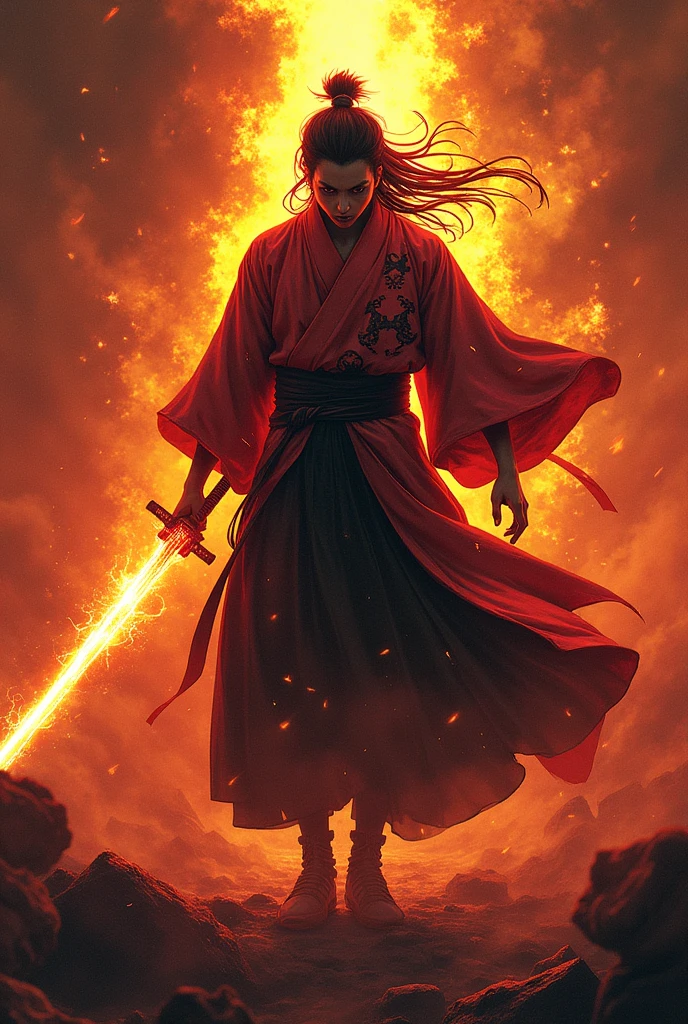 Masterpiece、Demon slayer、Tanjiro Kamado、Flame Background、Flaming Japan sword、Angry Face