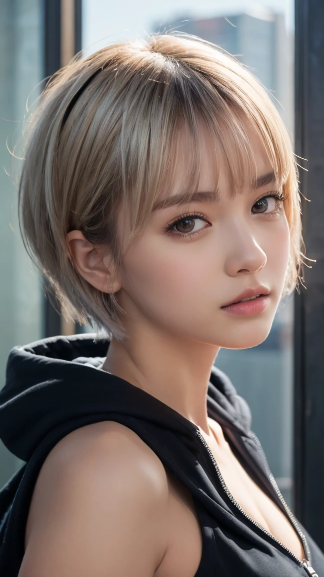 masterpiece, Highest quality, Very detailed, 8k, Realistic, One Girl, alone, Tomboy, Very detailed face, (head shot:1.5), Upper Body, silver pixie cut hair, She is wearing a short tank top and an open zippered hoodie., I can see her cleavage,Emphasise that you're not wearing a bra、Reaching into the pocket of a hoodie,Futuristic urban landscape
