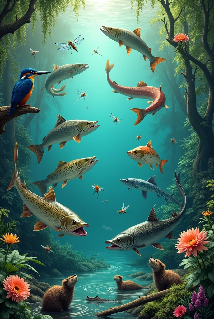 sturgeon, perch, trout, eel, Dragonfly, pike, salmon, mosquito, frog, Otter, nutria, Beaver, Lin, wild duck, blue kingfisher, hegre.
