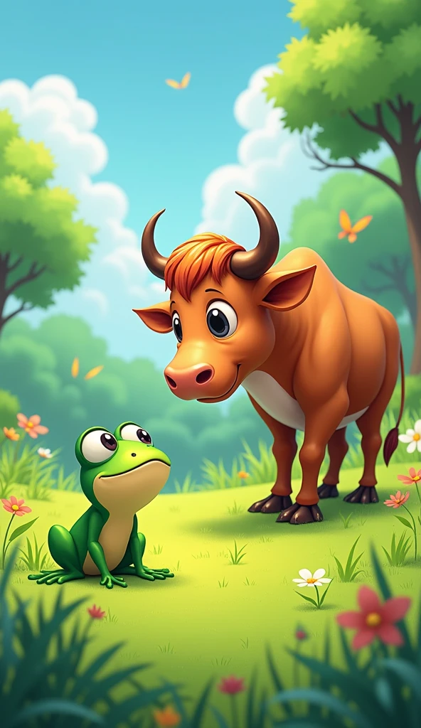 In a green grass a little green frog from is looking at the ox
Show as cartoons