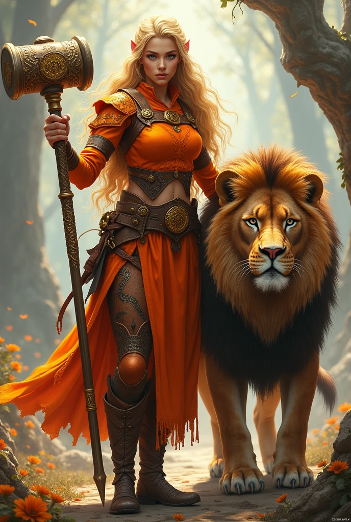 Orange lady Warrior suit with hammer of fairy of art, together with a lion