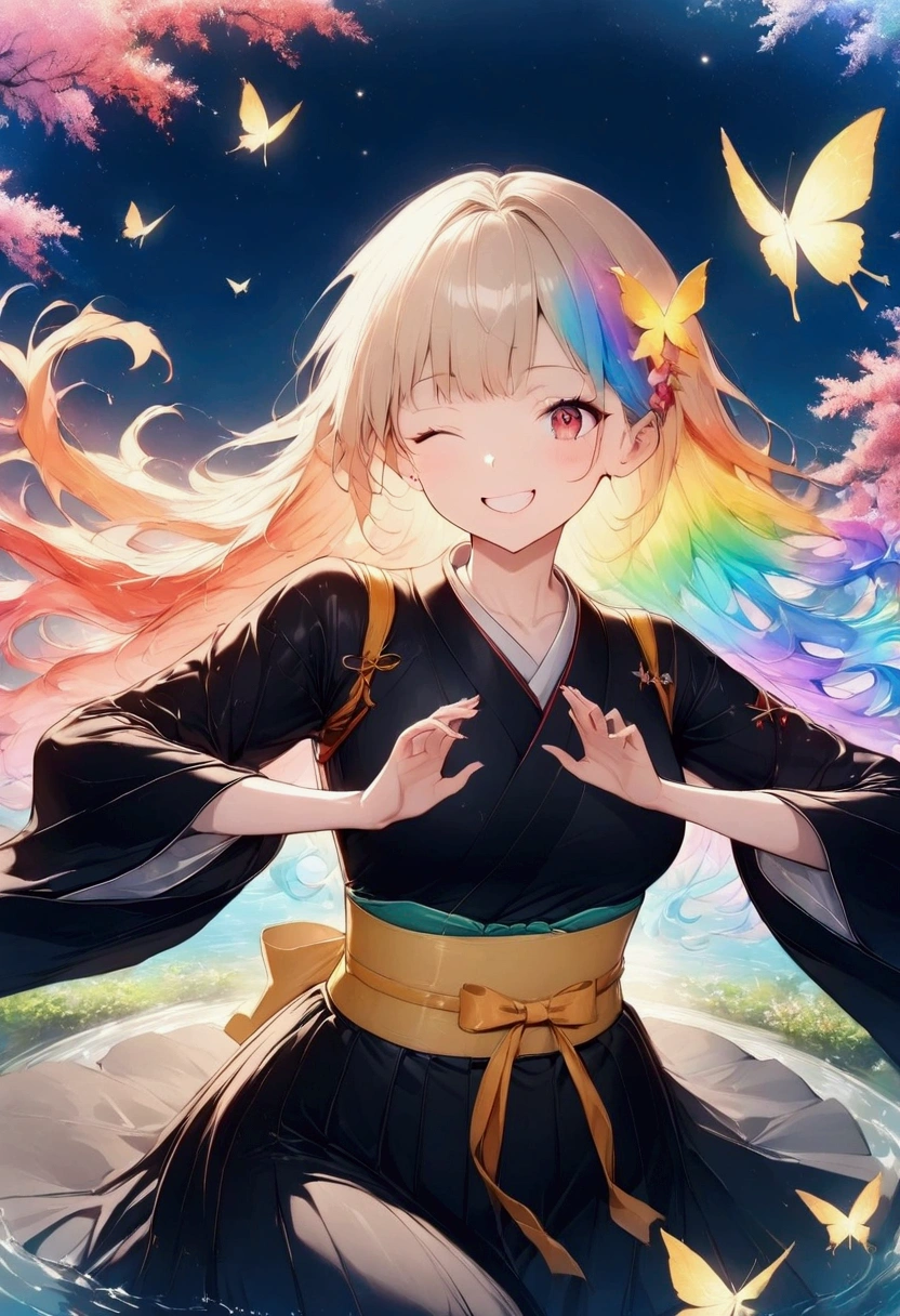A woman winking,Rainbow Hair,Long Hair,Black kimono,Shoulder,Yellow belt,samurai Yellow butterfly,night,shoulder,old,garden,water surface dance,Japanese sword,Swing down moon star Draw your sword Slashing Catch the wind autumn