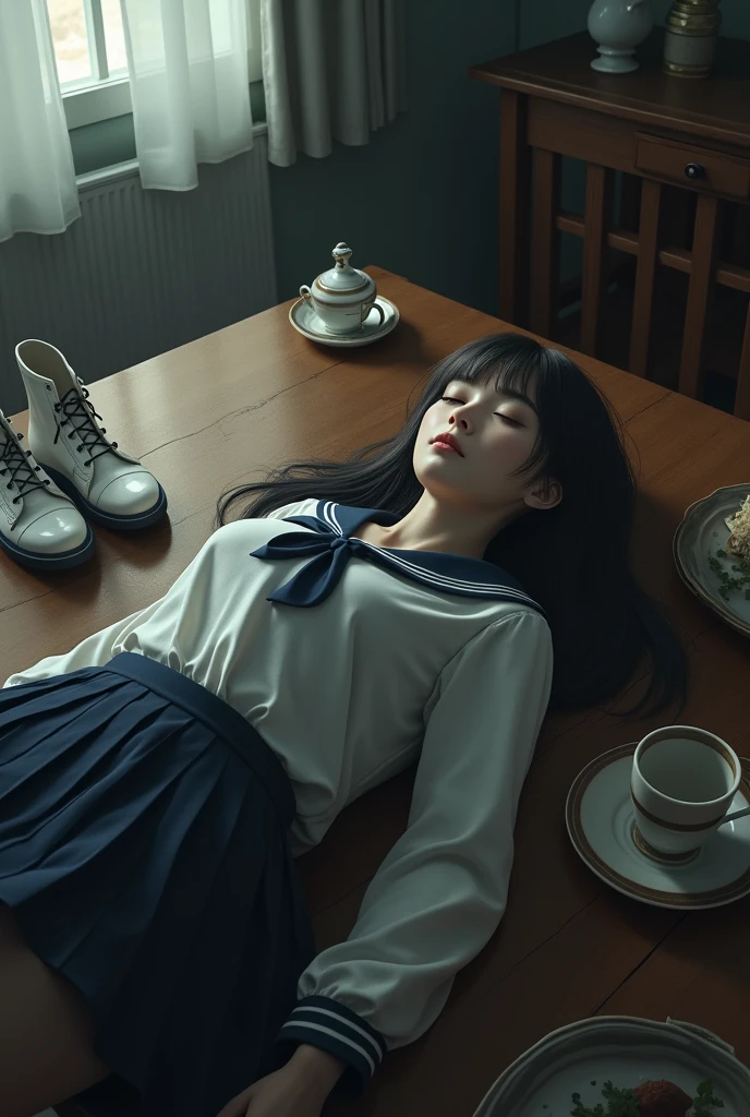 Japanese Beauty, young woman, Sailor school uniform, , Student boots, Dead, On the dining table, close your eyes, Realistic