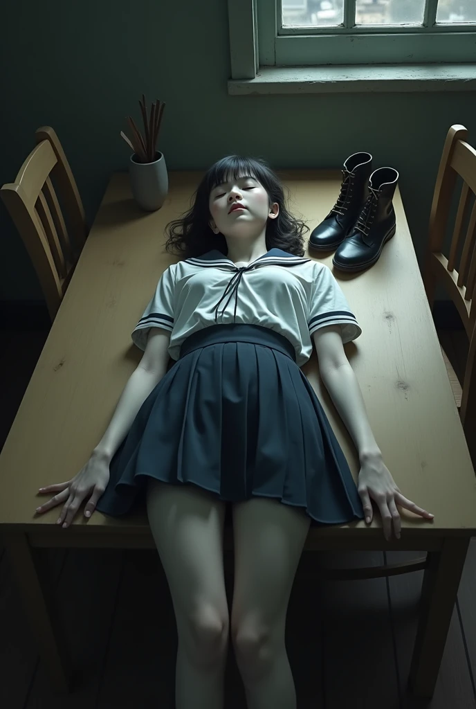 Japanese Beauty, young woman, Sailor school uniform, , Student boots, Dead, On the dining table, close your eyes, Realistic