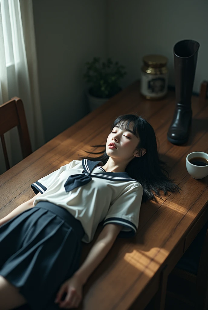 Japanese Beauty, young woman, Sailor school uniform, , Student boots, Dead, On the dining table, close your eyes, Realistic