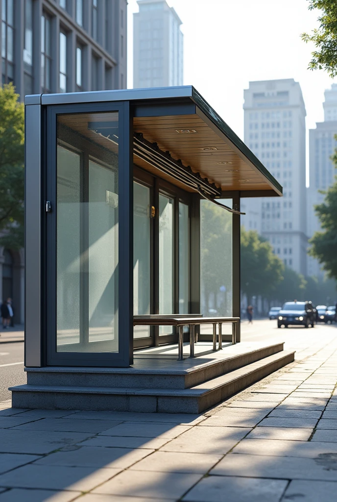 single-deck bus stop with steps, and horizontal bars 