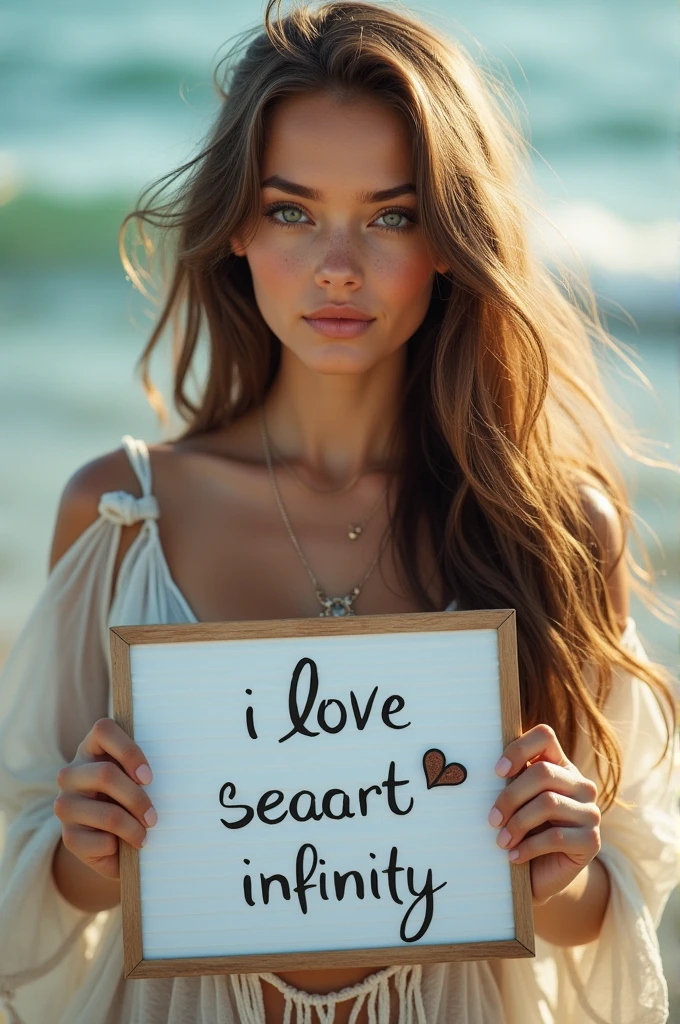 Beautiful girl with wavy long hair, bohemian dress, holding a white board with text "I Love Seaart Infinity" and showing it to the viewer