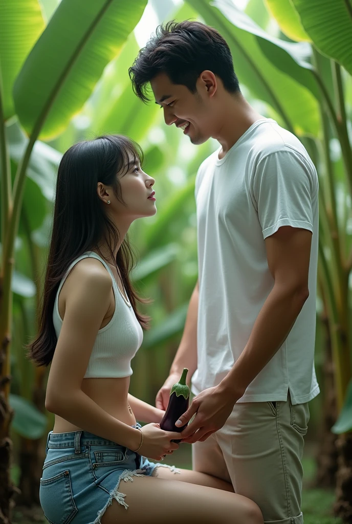 A beautiful Korean woman wearing a white tank top, she sits in fear, her two hands unbutton her torn pants, there is a handsome man, wearing a white T-shirt, wearing shorts, the man is holding an eggplant, laughing, the man is standing in front of the man. Banana garden background