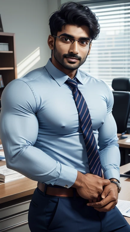 Indian man, age 30, in office, strong bulge