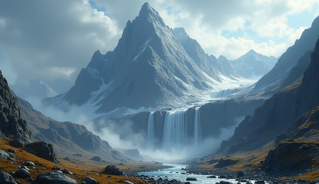 There is a steep and straight mountain,Many streams in the mountains,There are no flowers and trees(best quality,4K,8k,High level,masterpiece:1.2),Ultra Detailed,(lifelike,Photo real,Photo real:1.37)