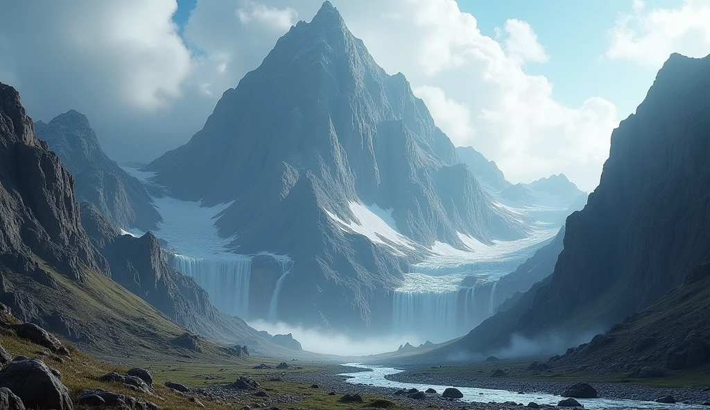 There is a steep and straight mountain，Many streams in the mountains，There are no flowers and trees（best quality，4K，8k，High level，masterpiece：1.2），Ultra Detailed，（lifelike，Photo real，Photo real：1.37）