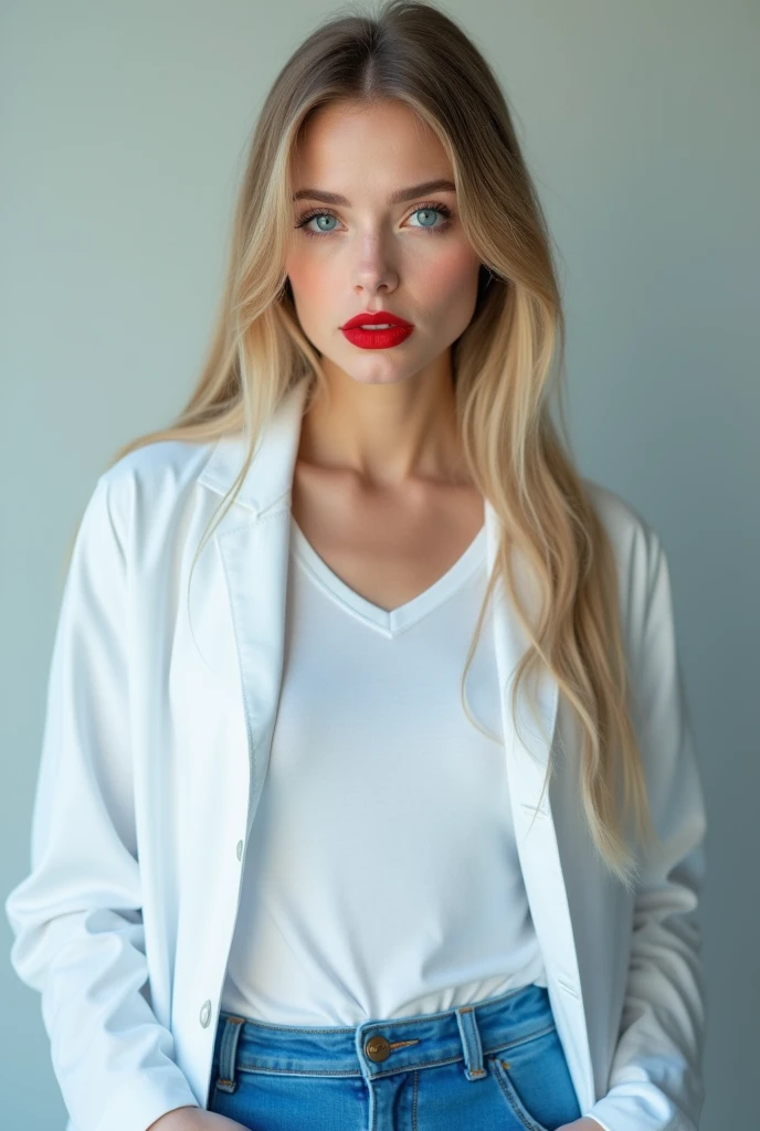 ((Give your subject a three-dimensional look through the contrast of light and shadow)), realisti (fotorealistier Realismus 16K Qualität), Ultrarealistie Details: Velvety skin, Blonde long, hair combed to the side, Symmetrical lips, bright shiny red_lipstick, long blue_eyelashes, Pupils, (clear sharp focus, Not blurry, realisti brown_eyes:1.35), anatomically correct, proporções perfeitas), hyperfotorealisti ((portrait)) a cute 1model:1.4 2, dslr, other, high quality, soft lighting, sharp focus captured with Fujifilm XT3, f 5.6, in a dramatic lighting, (perfect composition), pale skin, (dry skin), ((Ihr Outfit otherht aus einem Arzt Outfit, white T-Shirt, blue pants, and a white doctor's coat )),