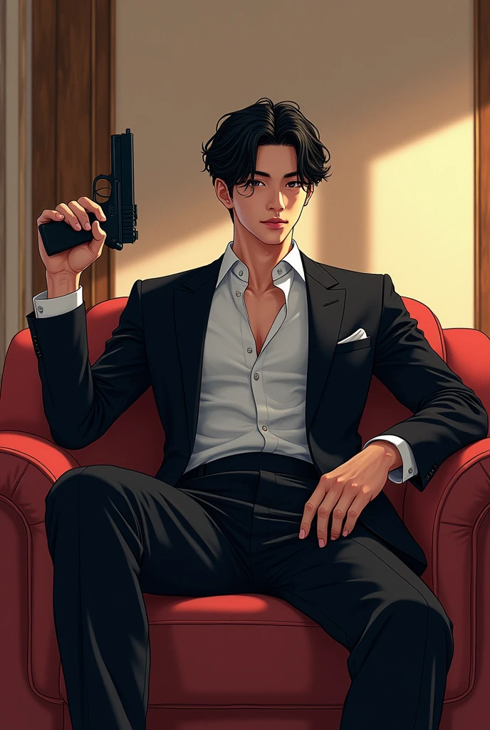 Sexy white korean animated man with a gun in his hand sittting in the chair with pose and wearning black suit in his beautiful house