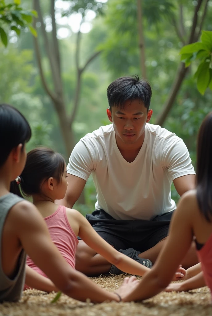 A handsome Indonesian man wearing a white T-shirt, the man is a professional wrestling martial arts trainer, the man is training his students, a beautiful Korean woman wearing a torn pink tank top , they are doing exercises. the movement of lift spread the legs by lying on the ground in the plantation