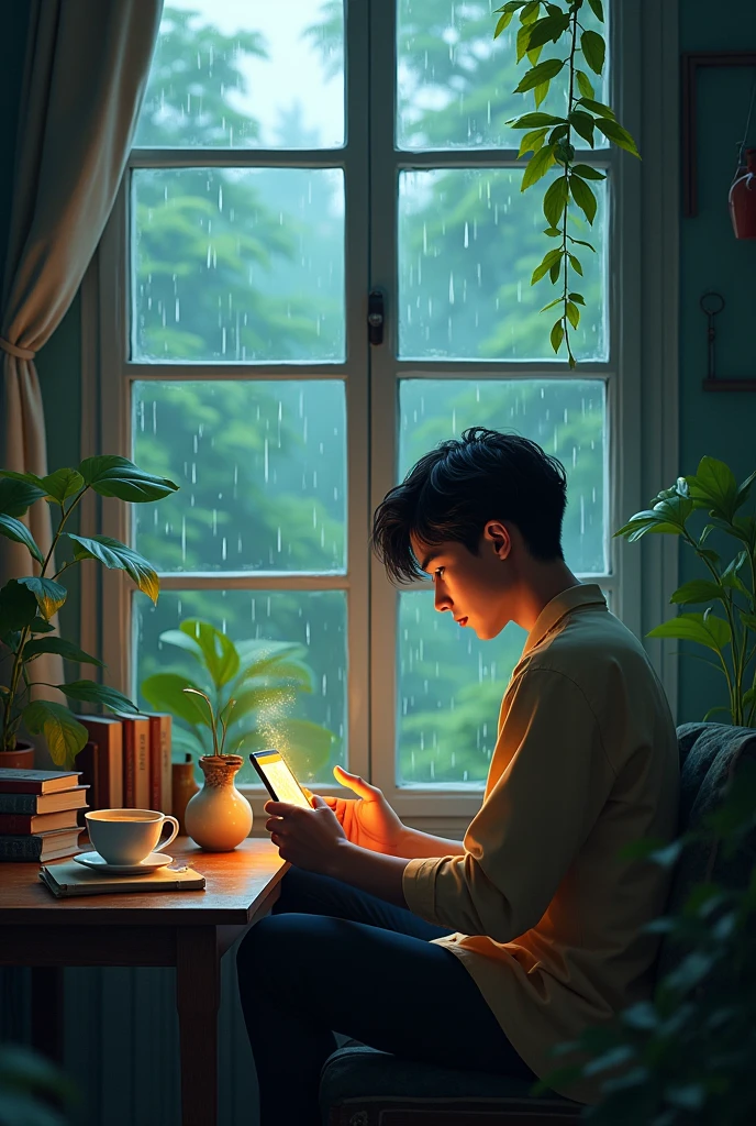 A young man is sitting at the window and playing a game on his mobile. Outside the window is beautiful nature, it is raining. There is also a cup of tea and books at the window.