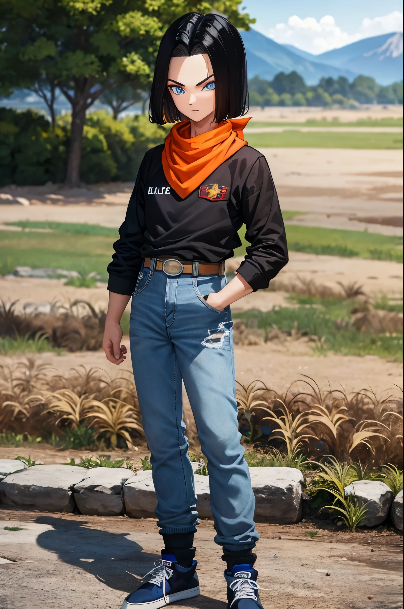 A masterpiece, best quality, detailed and expressive eyes, perfect facial features, high resolution, 1 boy, alone, android 17-inspired boy, (male body:1.3), blue eyes, black hair, parted hair, short hair, black shirt, jeans, layered shirt, white sleeves, orange bandana, blue sneakers, green socks, brown belt, red freckles, outdoor, landscape, standing, portrait, looking at viewer