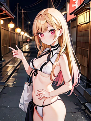 High resolution, Shadow, Absurd, Highest_quality, Ultra_be familiar with, 8k, very_clear, photograph, beautiful, beautiful顔, Sharp focus, High resolution, One girl, Beautiful eyes, Eyes Wide Open,Japanese small old town street background with lanterns, In the middle of the night, The background is darker than the girl in front, beautiful顔, big , very赤いヴァルツェンホフ, Are standing , Are standing乳首, Very seductive pose, Blut Jung, No bra, naked, nakede Brust, nakede Brust, No top, Browsing Caution, Long blonde hair with red stripes, Black Dress